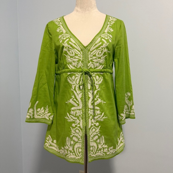 MICHAEL MICHAEL KORS GREEN EMBROIDERED 3/4 SLEEVE BOHO TUNIC TOP SIZE MEDIUM - Picture 1 of 7